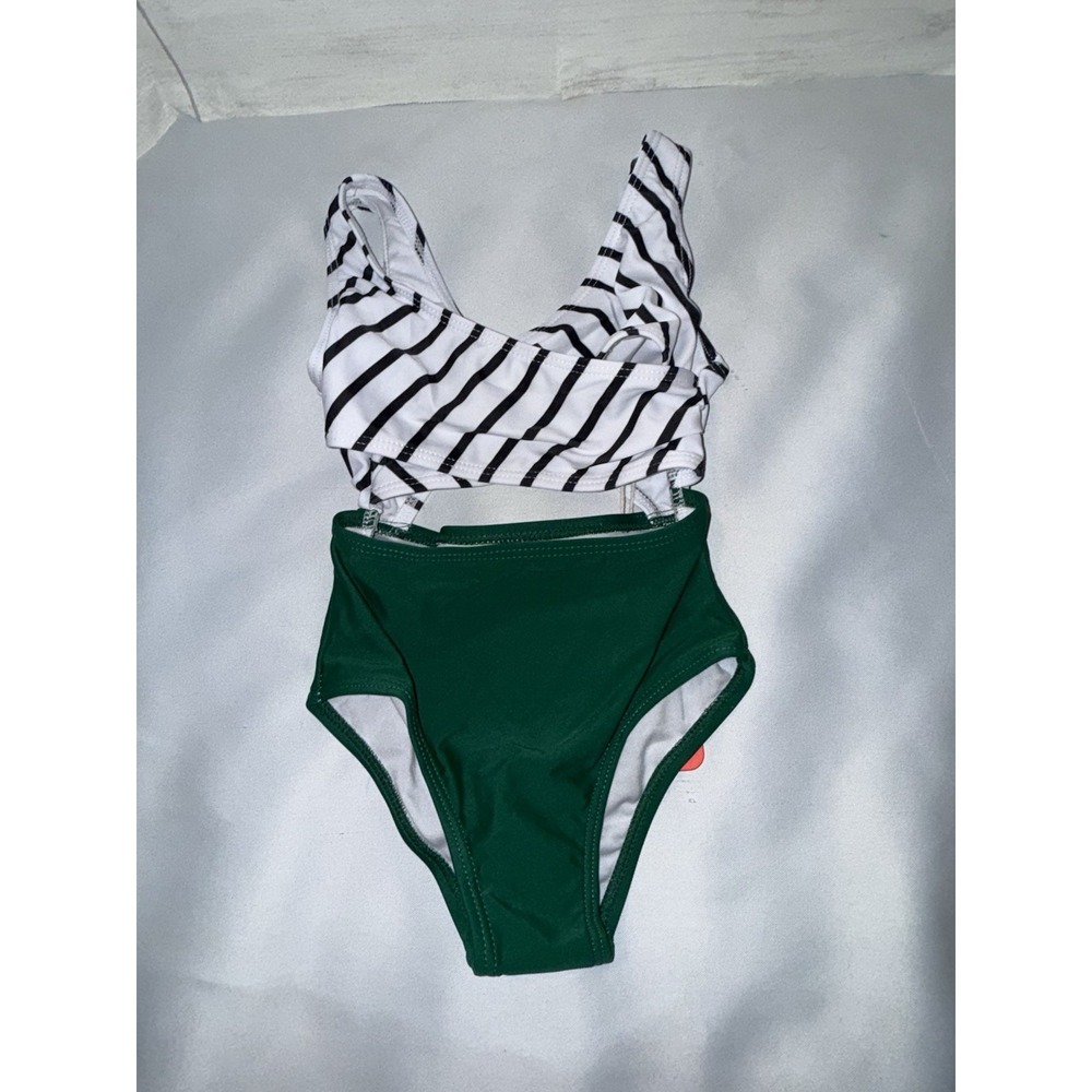 NWT Pat Pat Toddler Green Striped Print One Piece Bathing Suit (Size 2Y,)